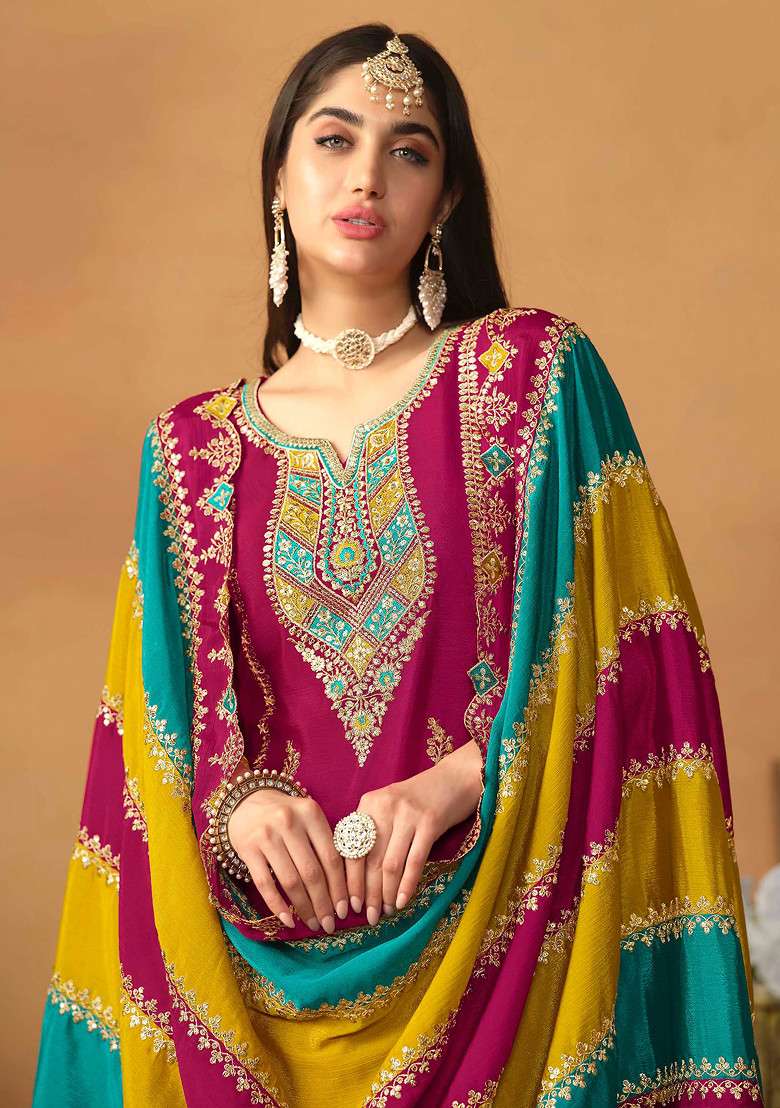 Rani Pink Thread Embroidered Work Chinon Silk Kurta Set - Indya