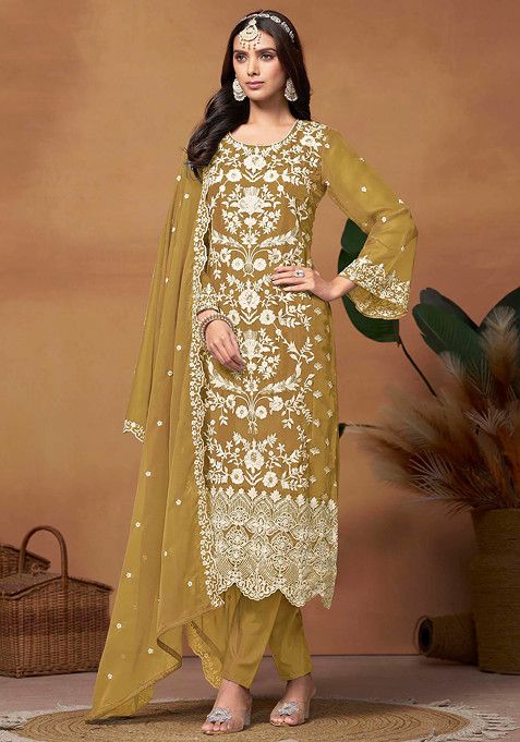 Mustard Thread Embroidered Work Soft Organza Kurta Set