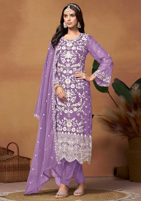 Lavender Thread Embroidered Work Soft Organza Kurta Set