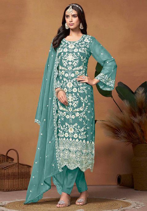 Teal Thread Embroidered Work Soft Organza Kurta Set