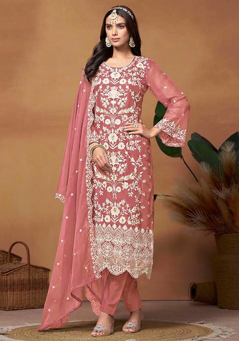 Pink Thread Embroidered Work Soft Organza Kurta Set