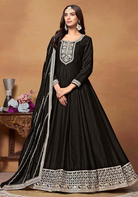 Black Thread Embroidered Work Art Silk Anarkali Set