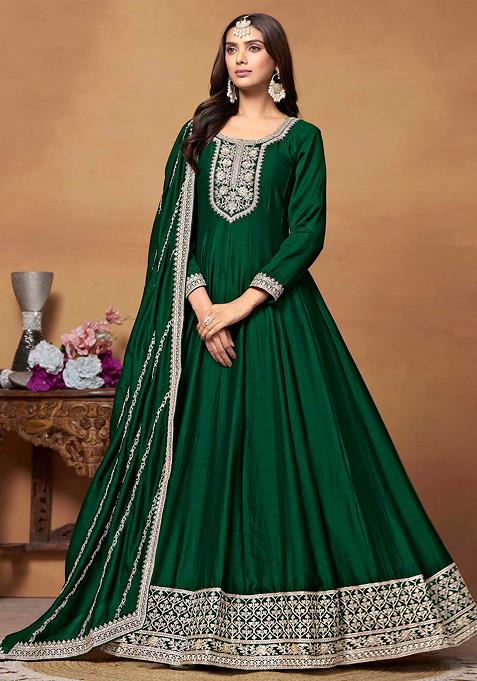 Dark Green Thread Embroidered Work Art Silk Anarkali Set