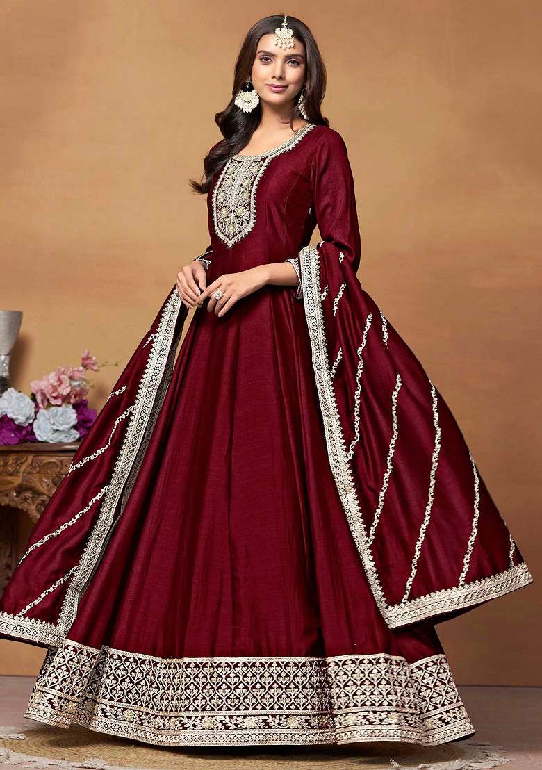 Maroon Embroidered Silk Blend Anarkali With Dupatta - Indya