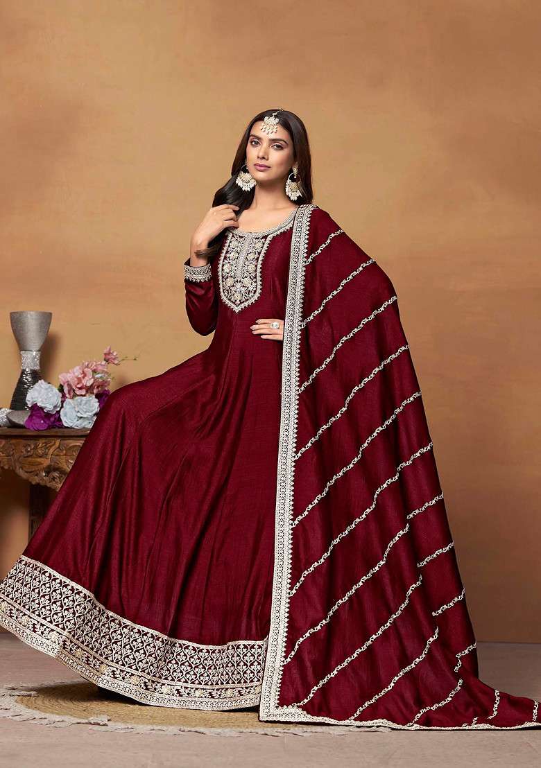 Maroon Embroidered Silk Blend Anarkali With Dupatta - Indya