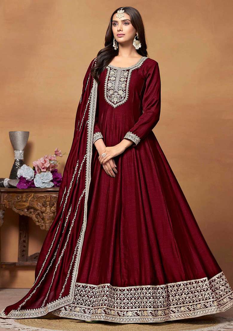 Maroon Embroidered Silk Blend Anarkali With Dupatta - Indya