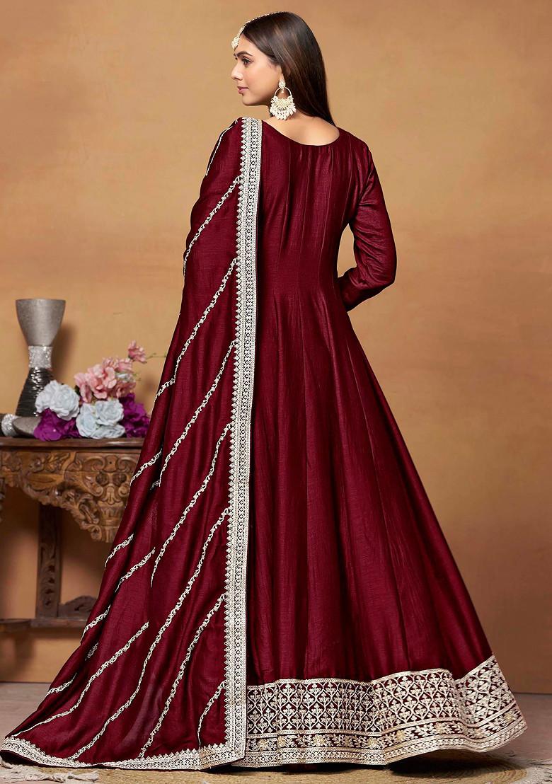 Maroon Thread Embroidered Work Art Silk Anarkali Set - Indya