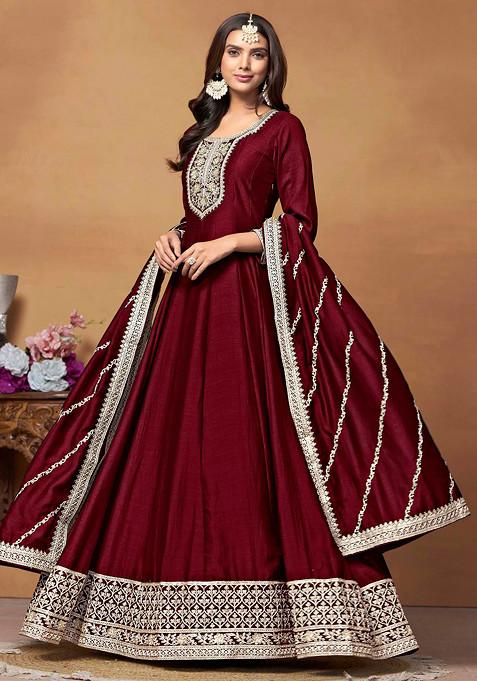 Maroon Thread Embroidered Work Art Silk Anarkali Set