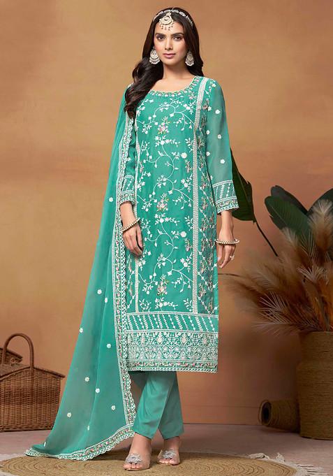 Turquoise Thread Embroidered Work Soft Organza Anarkali Set