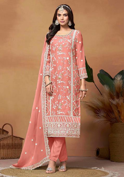 Salmon Thread Embroidered Work Soft Organza Anarkali Set