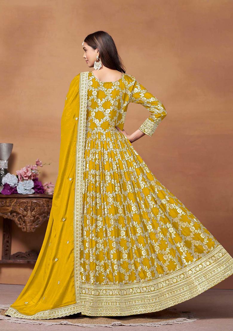 Mustard Zari Woven Dola Jacquard Anarkali Set