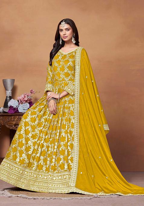 Mustard Zari Woven Dola Jacquard Anarkali Set