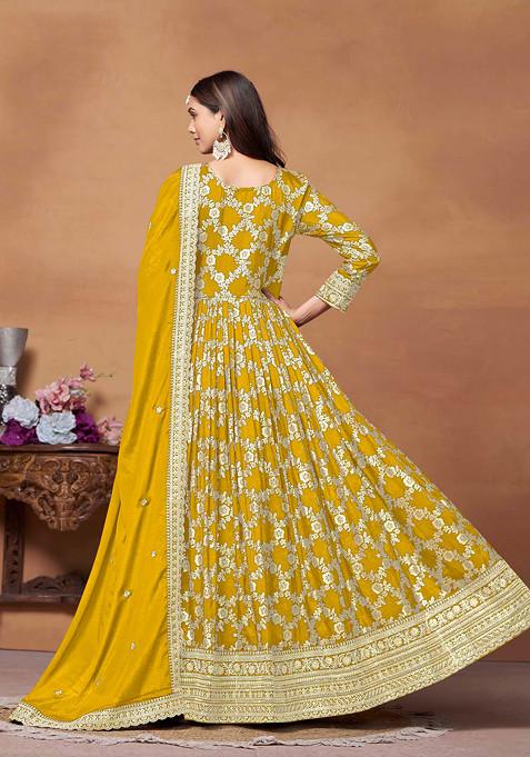 Mustard Zari Woven Dola Jacquard Anarkali Set