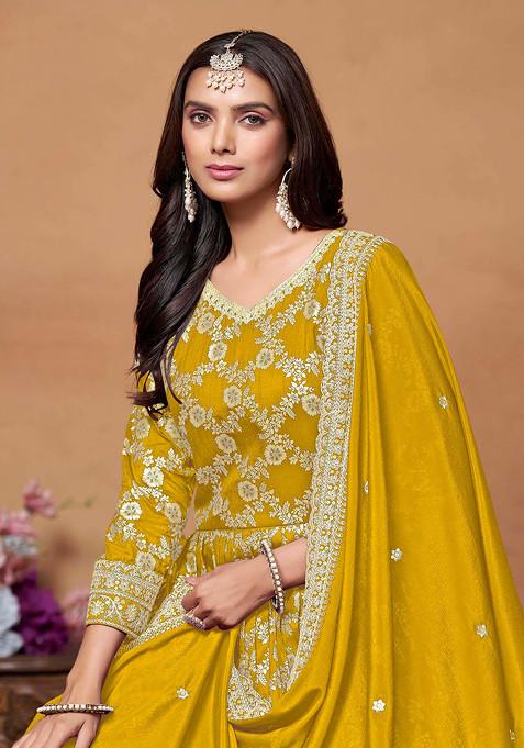 Mustard Zari Woven Dola Jacquard Anarkali Set