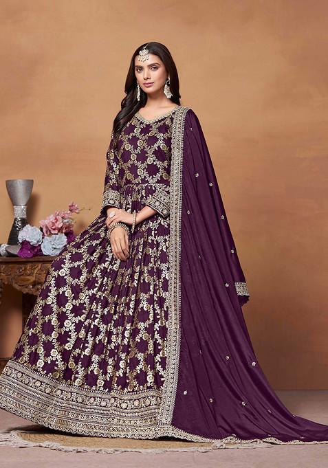 Purple Zari Woven Dola Jacquard Anarkali Set