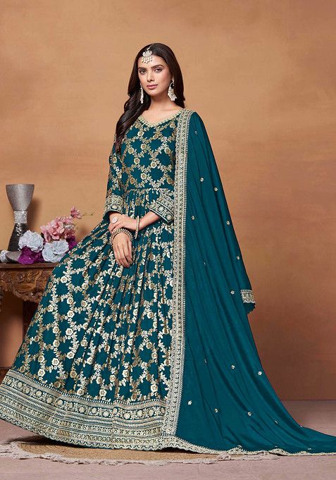 Teal Blue Zari Woven Dola Jacquard Anarkali Set