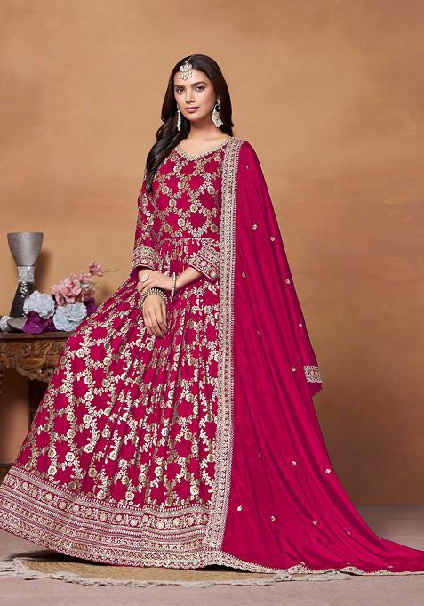 Rani Pink Zari Woven Dola Jacquard Anarkali Set