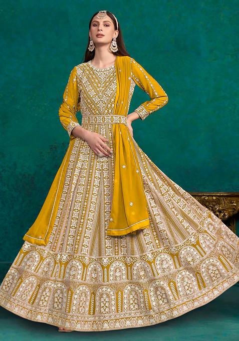 Mustard Thread Embroidered Work Faux Georgette Anarkali Set