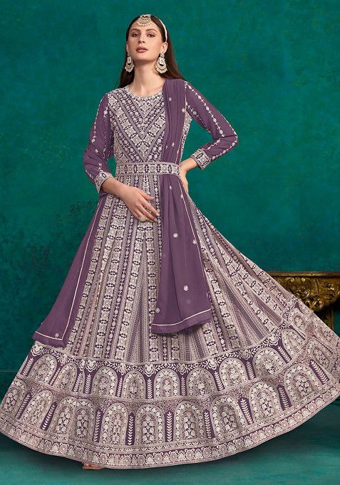 Purple Thread Embroidered Work Faux Georgette Anarkali Set