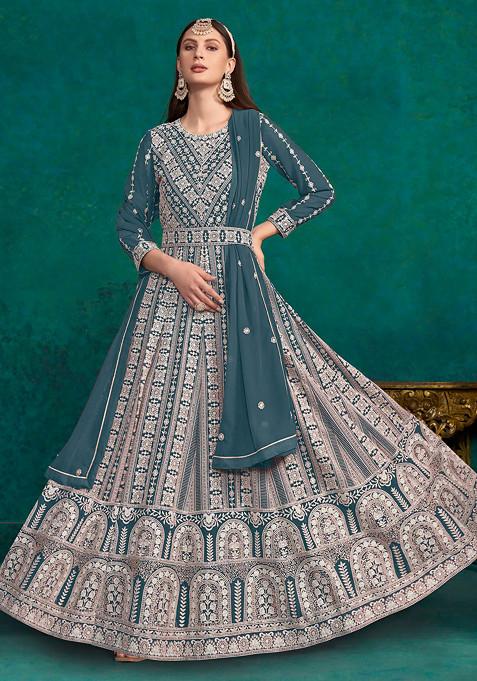 Teal Blue Thread Embroidered Work Faux Georgette Anarkali Set