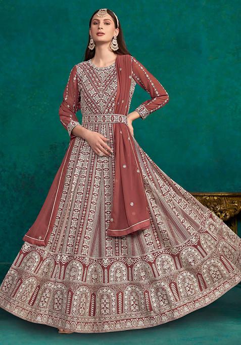 Brown Thread Embroidered Work Faux Georgette Anarkali Set