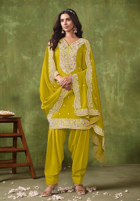 Mustard Thread Embroidered Roman Silk Kurta Set