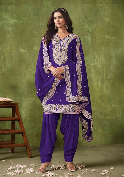 Royal Blue Thread Embroidered Roman Silk Kurta Set