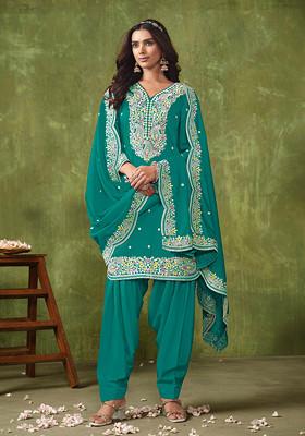 Teal Thread Embroidered Roman Silk Kurta Set