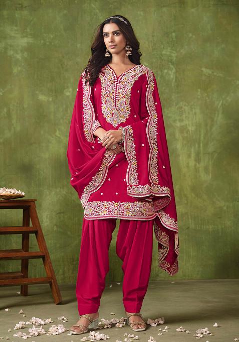 Rani Pink Thread Embroidered Roman Silk Kurta Set