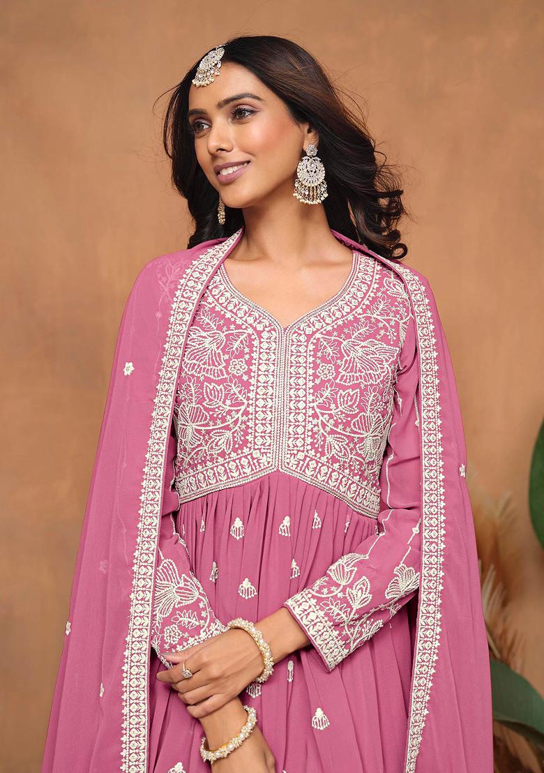 Pink Thread Embroidered Work Faux Georgette Sharara Set