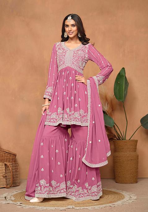 Pink Thread Embroidered Work Faux Georgette Sharara Set