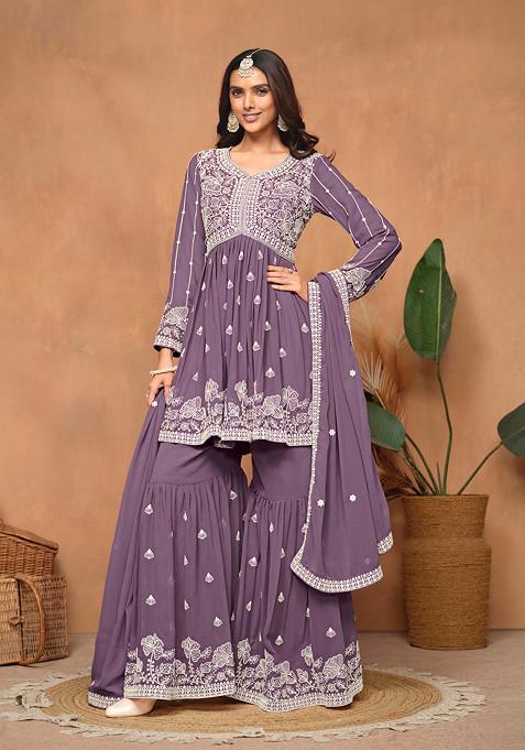 Purple Thread Embroidered Work Faux Georgette Sharara Set