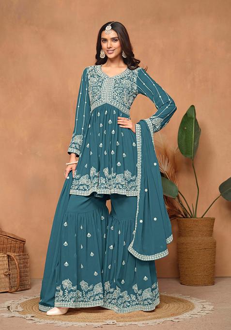 Teal Blue Thread Embroidered Work Faux Georgette Sharara Set