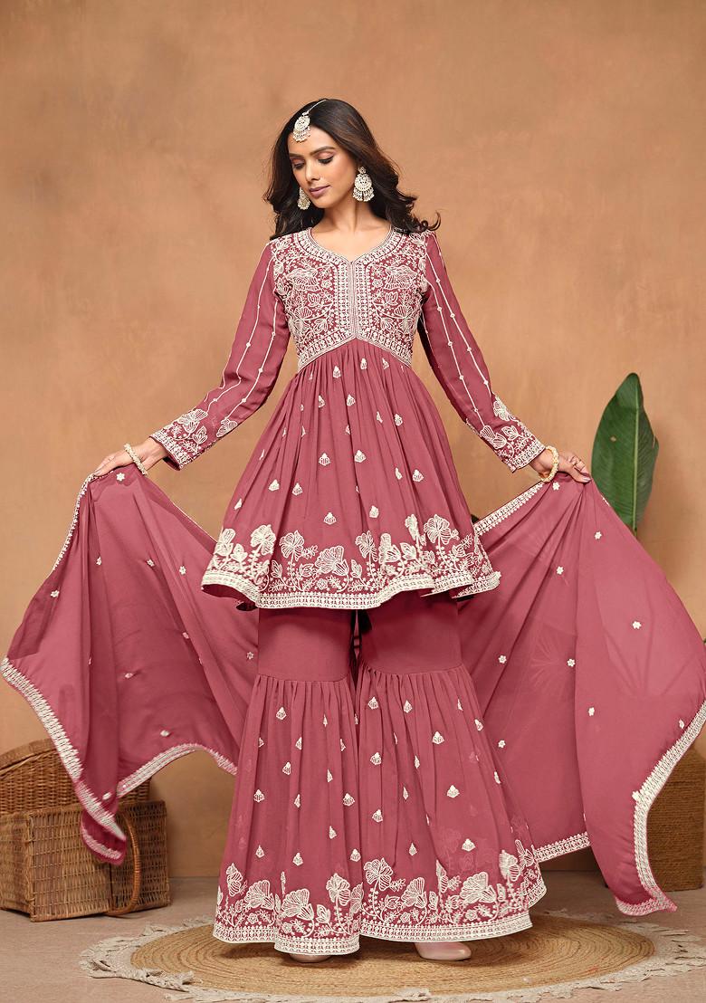 Dark Rose Thread Embroidered Work Faux Georgette Sharara Set