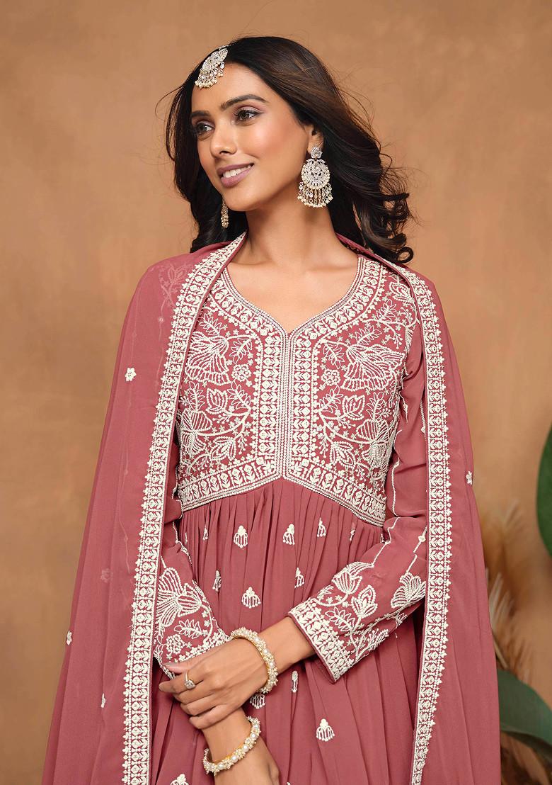 Dark Rose Thread Embroidered Work Faux Georgette Sharara Set