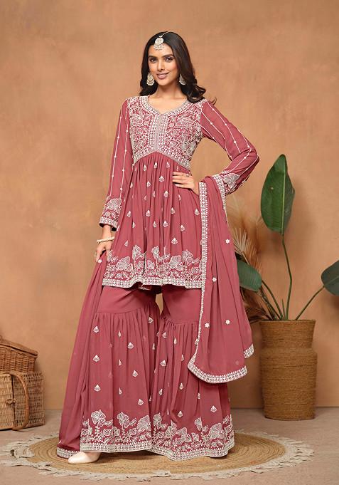 Dark Rose Thread Embroidered Work Faux Georgette Sharara Set