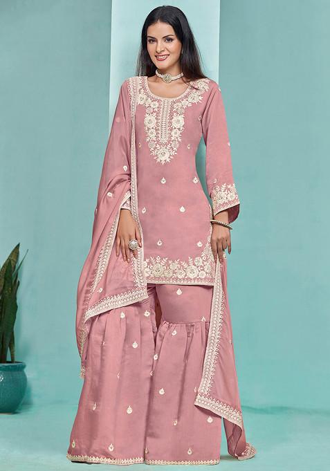 Baby Pink Thread Embroidered Work Roman Silk Sharara Set