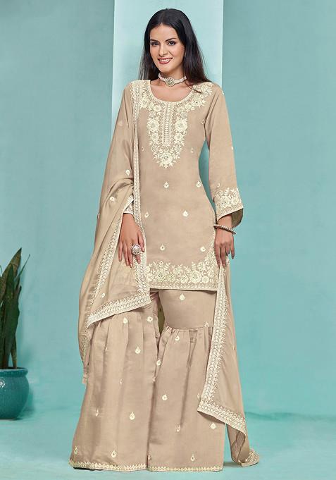 Beige Thread Embroidered Work Roman Silk Sharara Set