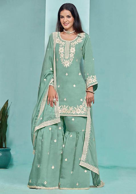 Light Green Thread Embroidered Work Roman Silk Sharara Set