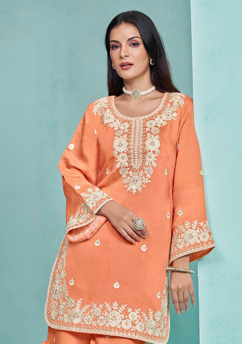 Light Orange Thread Embroidered Work Roman Silk Sharara Set - Indya