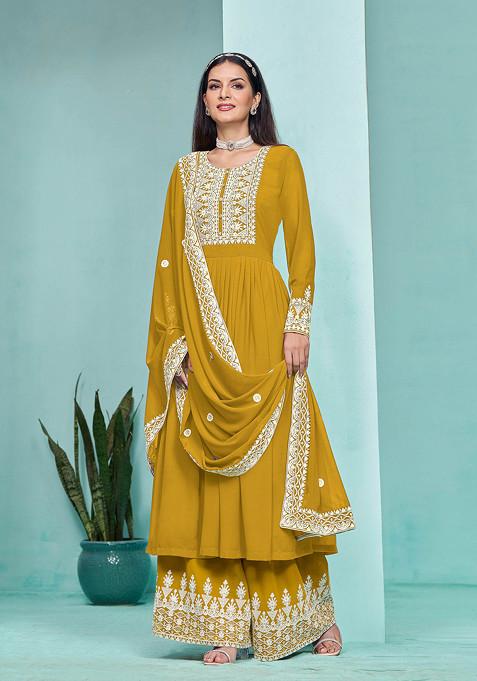 Mustard Thread Embroidered Work Faux Georgette Sharara Set