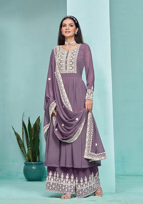 Purple Thread Embroidered Work Faux Georgette Sharara Set