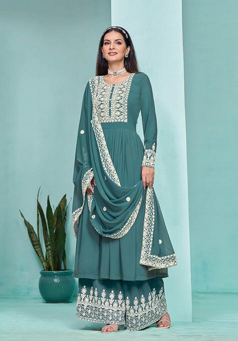 Teal Thread Embroidered Work Faux Georgette Sharara Set