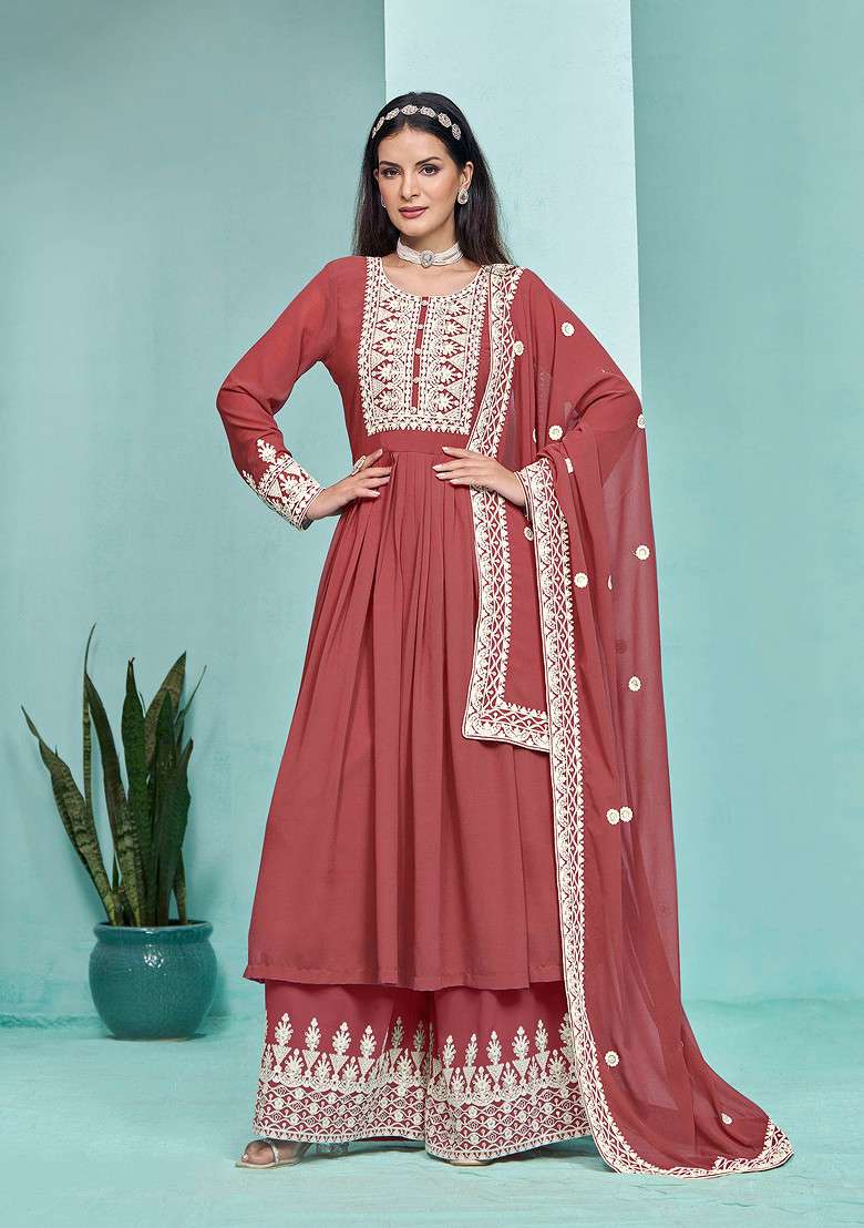 Crimson Embroidered Faux Blooming Sharara Set - Indya