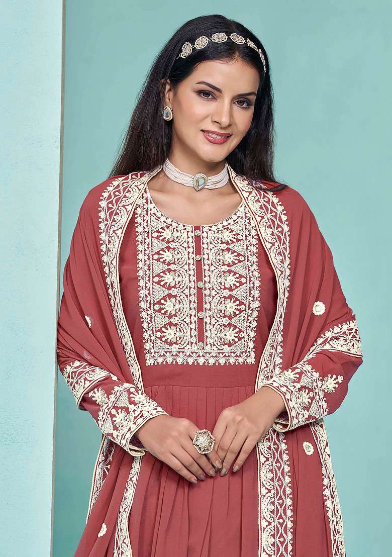 Crimson Embroidered Faux Blooming Sharara Set - Indya