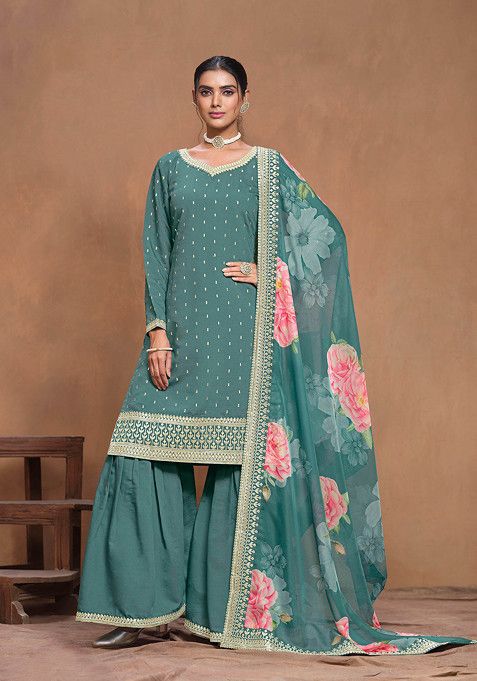 Teal Thread Embroidered Work Roman Silk Sharara Set