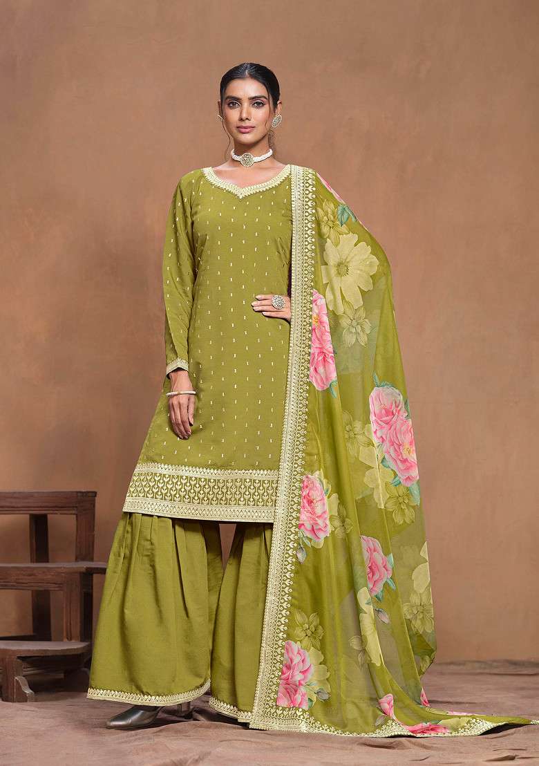 Mehendi Thread Embroidered Work Roman Silk Sharara Set - Indya