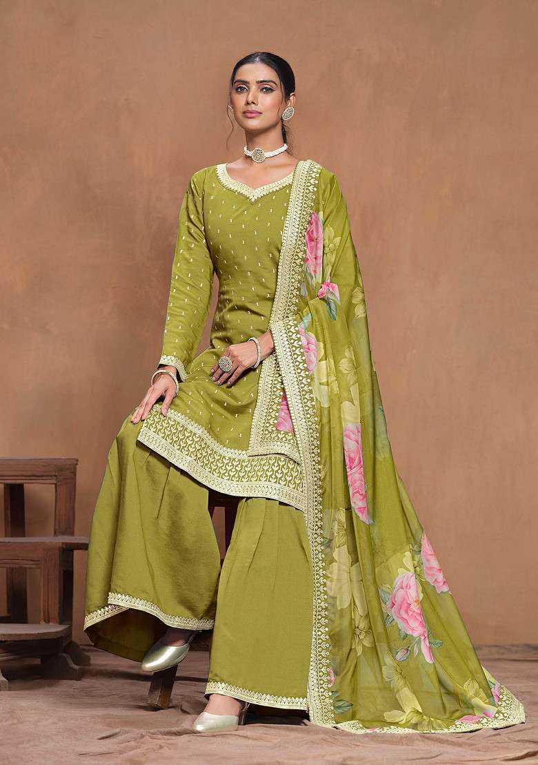 Mehendi Thread Embroidered Work Roman Silk Sharara Set - Indya