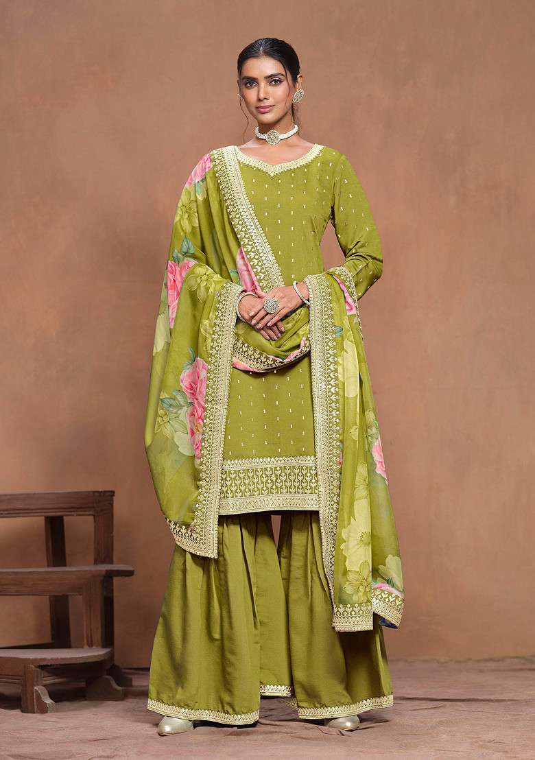 Mehendi Thread Embroidered Work Roman Silk Sharara Set - Indya