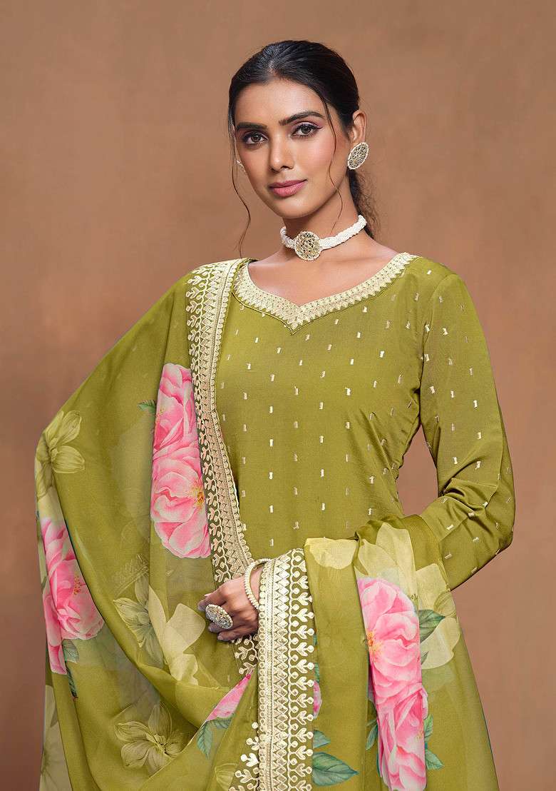 Mehendi Thread Embroidered Work Roman Silk Sharara Set - Indya